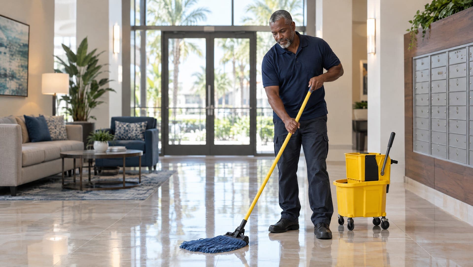 Technician mopping the lobby floor of an apartment community beside the residents' mailboxes