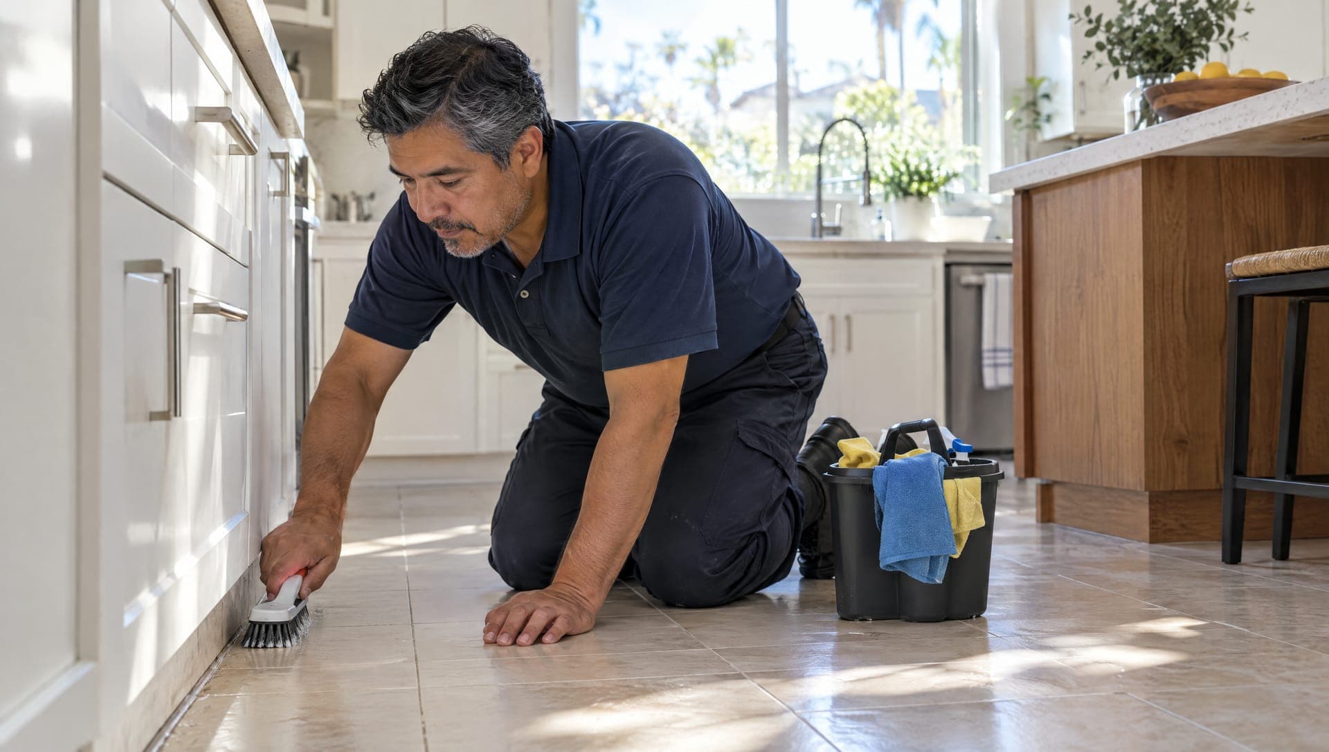 Cleaning technician kneeling to scrub the grout line along a kitchen cabinet base