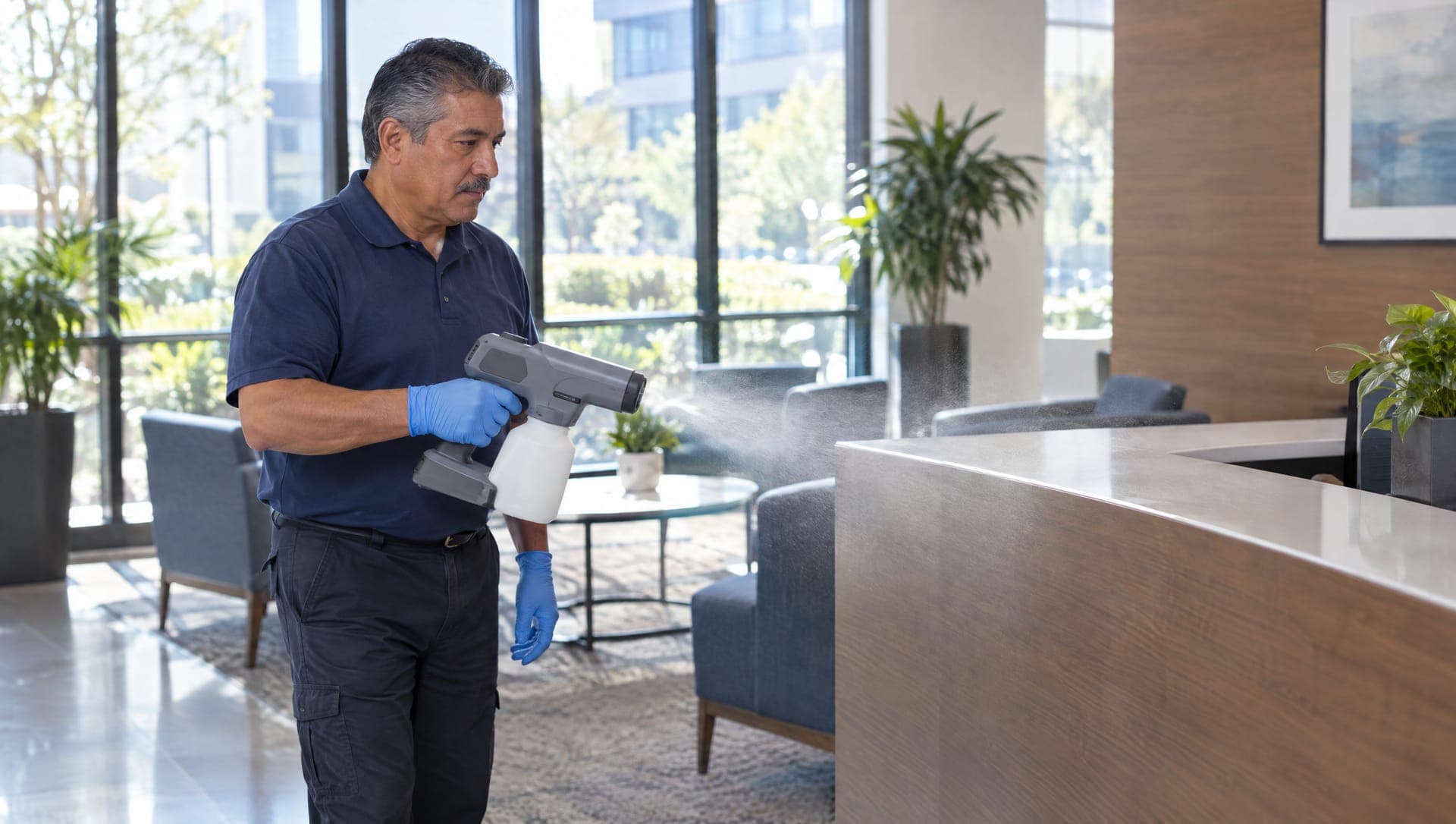 Technician misting a reception desk with a handheld electrostatic sprayer
