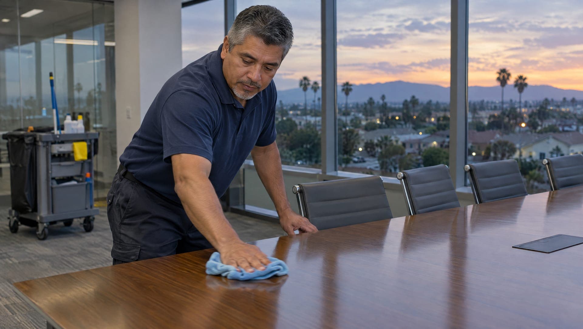 Cleaning technician wiping a conference table in an office after hours