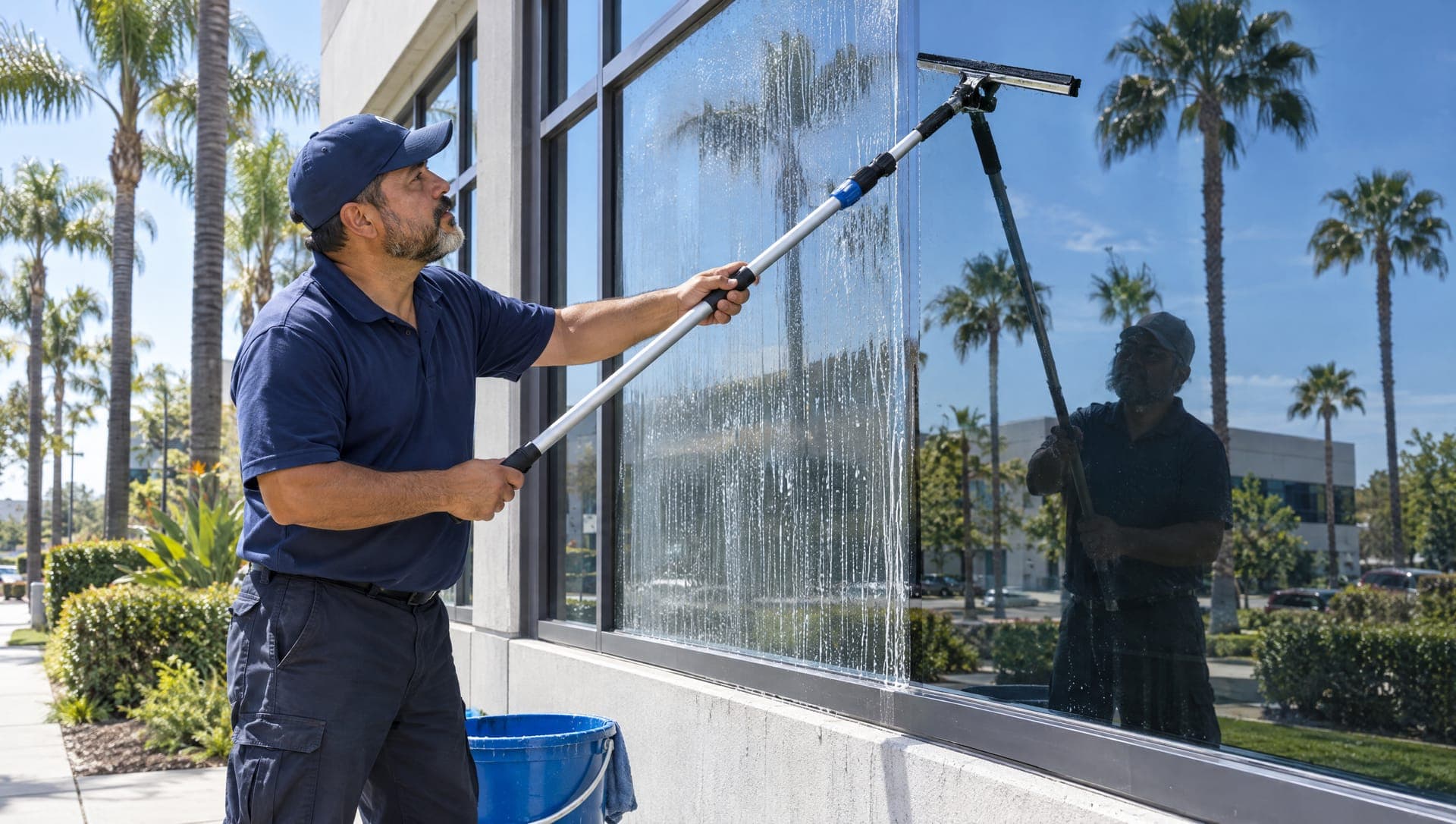 Technician squeegeeing the exterior glass of an office building under palm trees